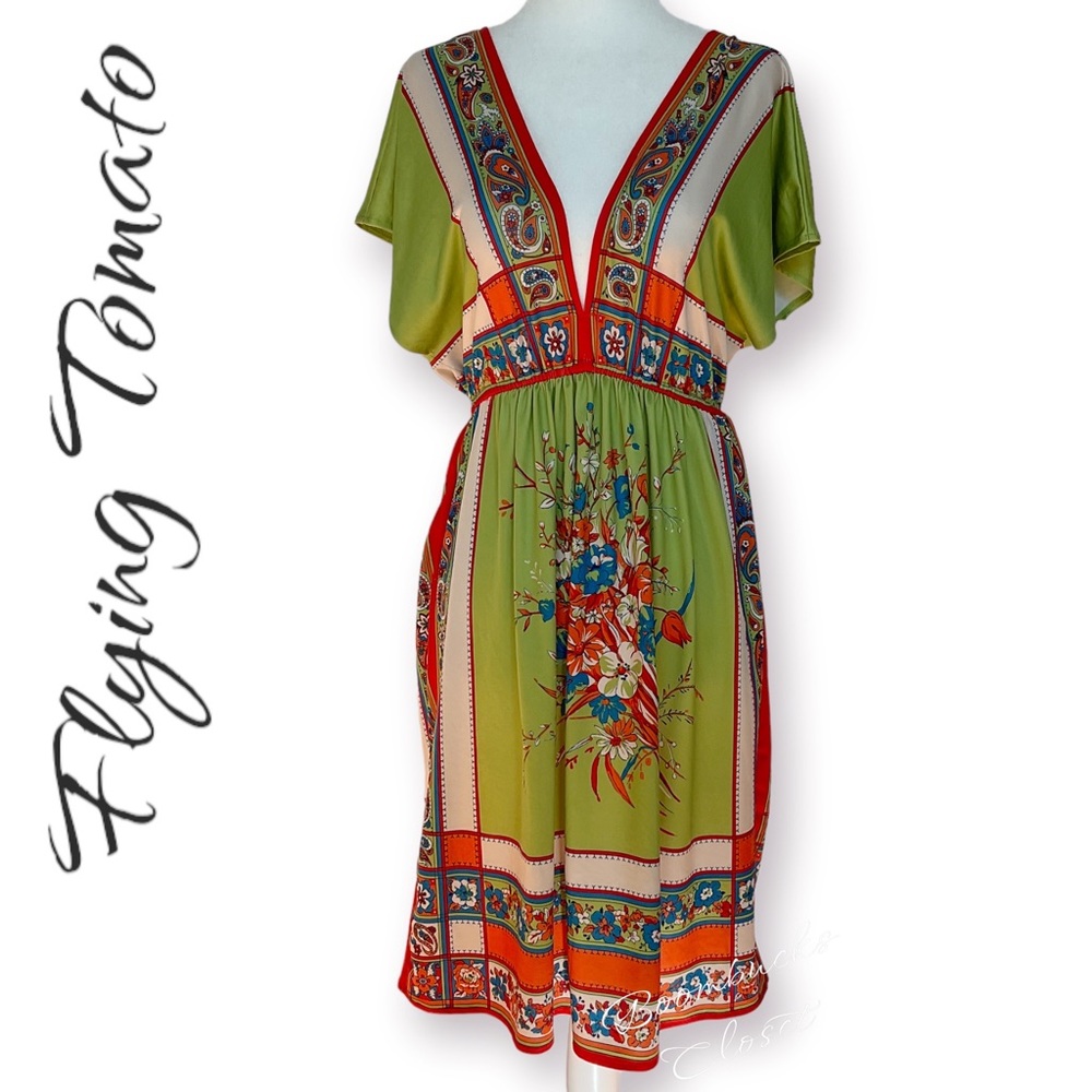 Flying Tomato Floral Multicolor Green Orange Dress Small - Picture 2 of 16